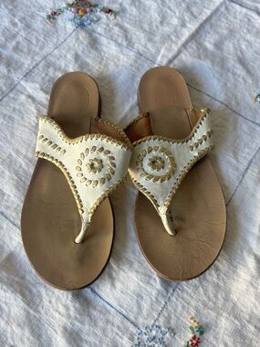 Jack Rogers White and Tan Leather Whipstitch Thong Sandals
